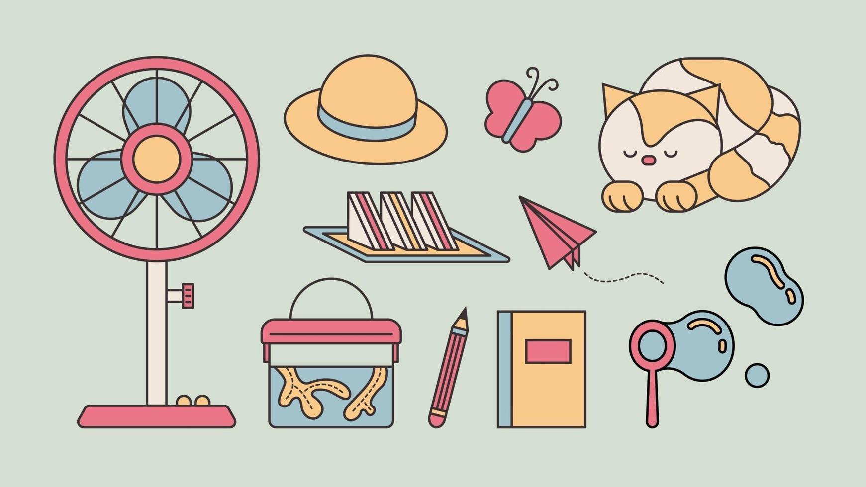 Items of memories of summer vacation as a child. outline simple vector illustration.