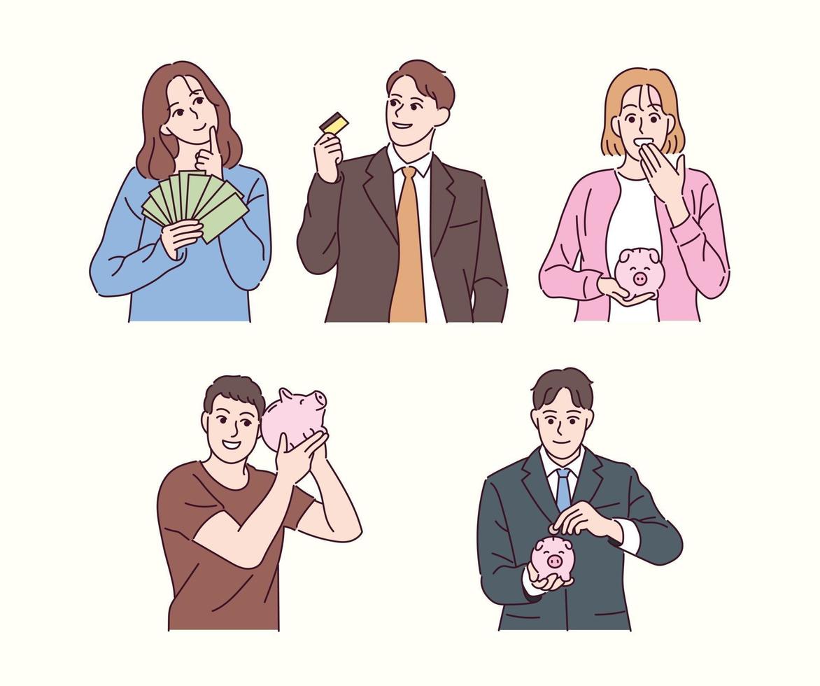 People are holding piggy banks for wealth management. hand drawn style vector design illustrations.