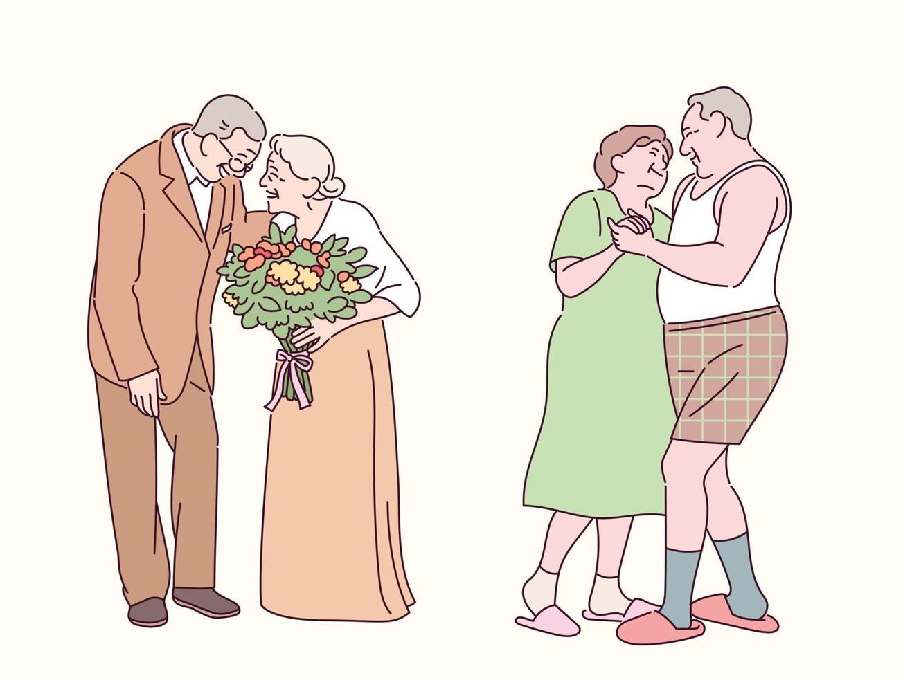 Romantic elderly couples. hand drawn style vector design illustrations.