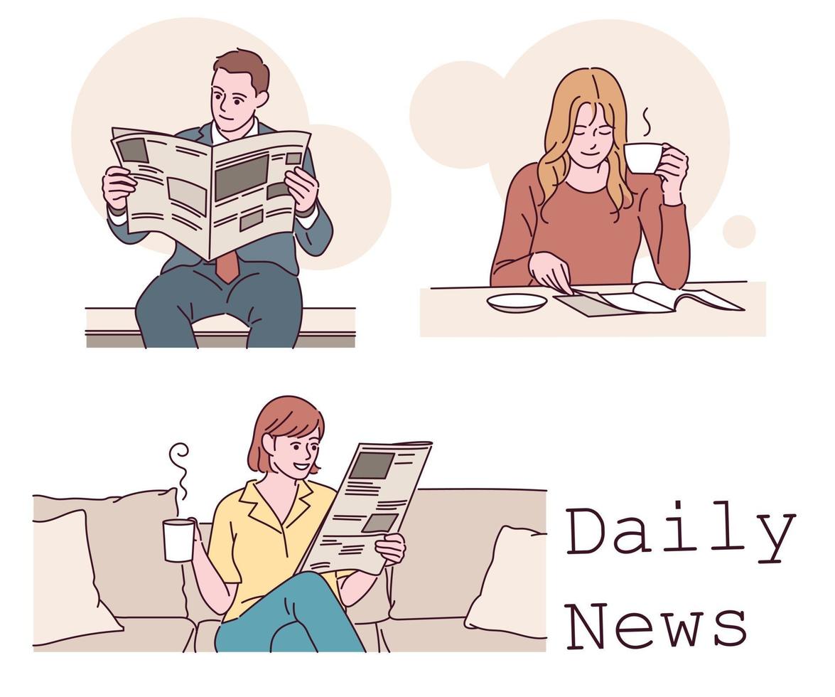 People reading the newspaper. hand drawn style vector design illustrations.