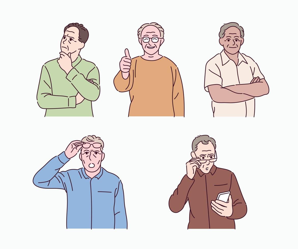 Old men of various gestures. hand drawn style vector design illustrations.