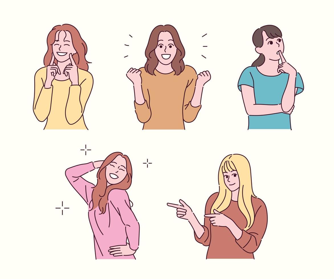 Girls of various gestures. hand drawn style vector design illustrations.