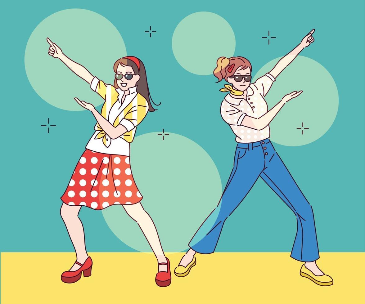 dos mujeres con estilo divertido bailan en la discoteca. ilustraciones de diseño de vectores de estilo dibujado a mano.