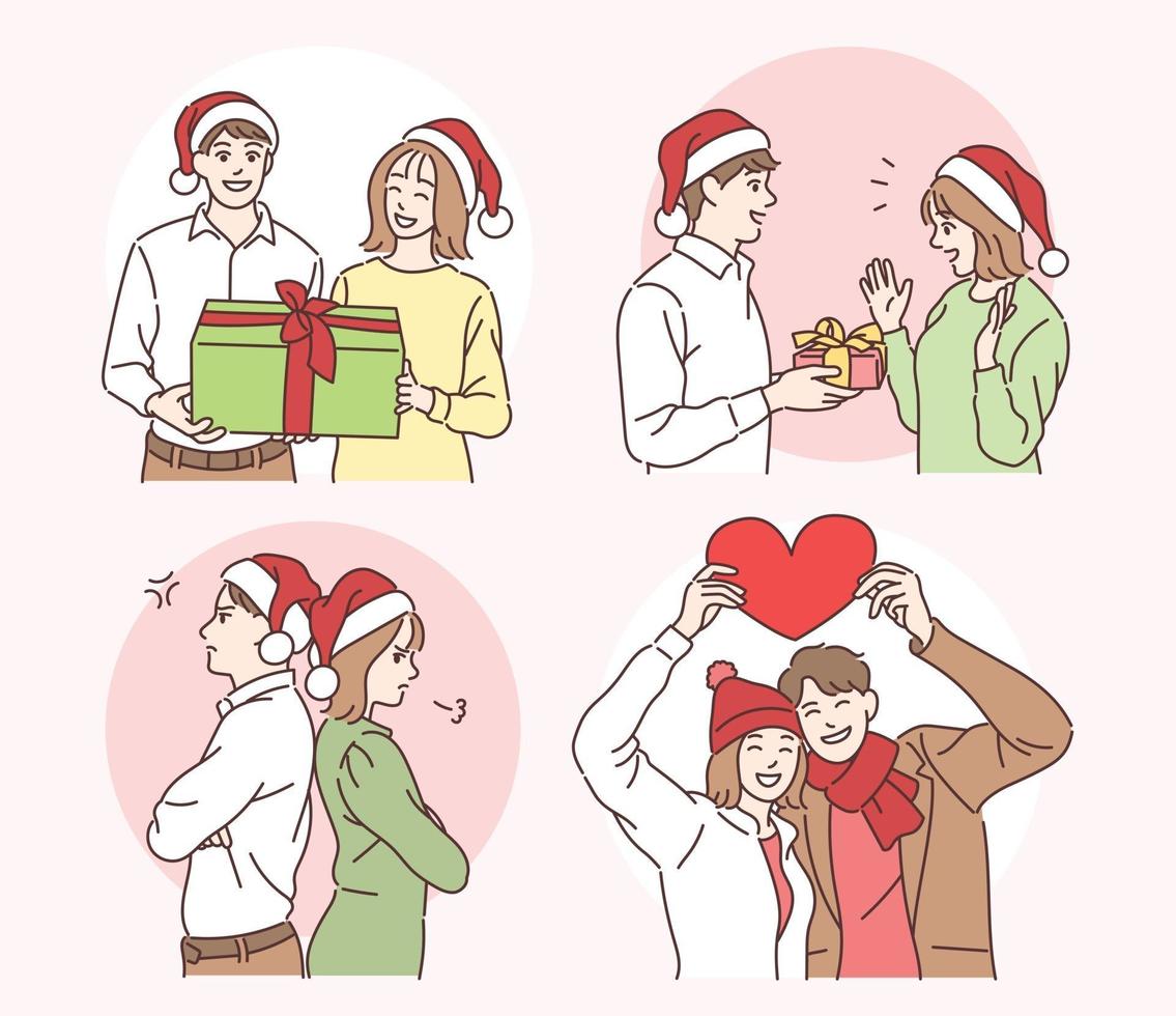 una pareja con gorros de santa está dando un regalo. ilustraciones de diseño de vectores de estilo dibujado a mano.