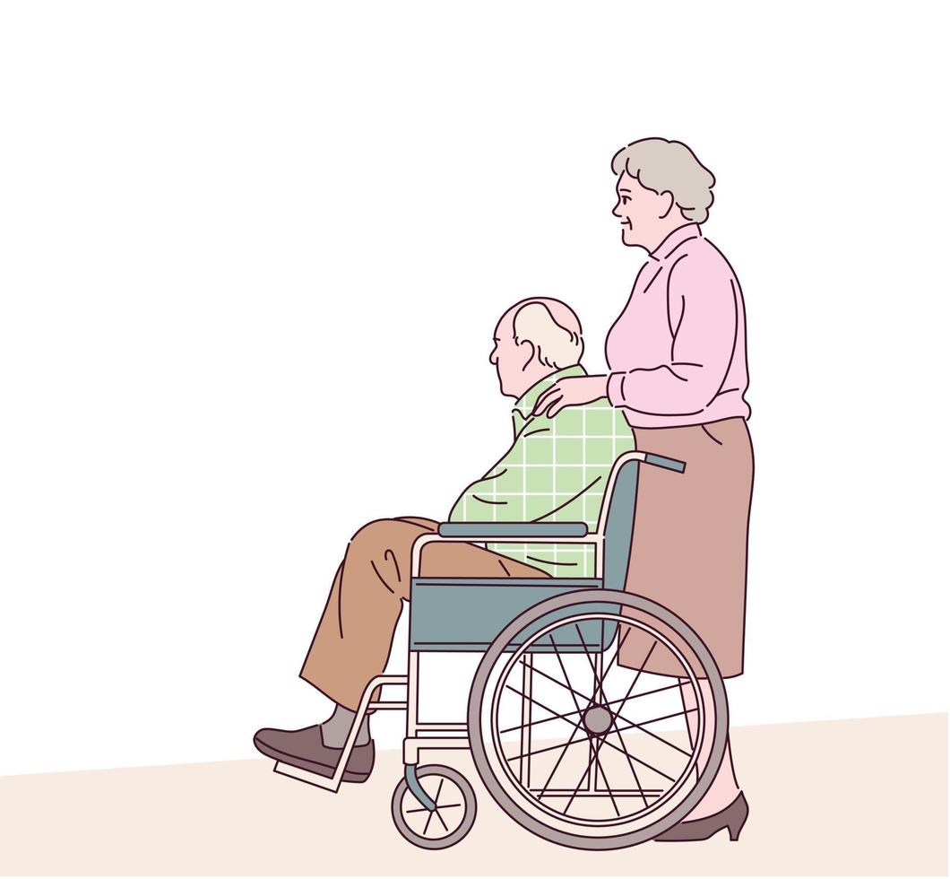 un anciano en silla de ruedas y una anciana parada detrás de él. ilustraciones de diseño de vectores de estilo dibujado a mano.