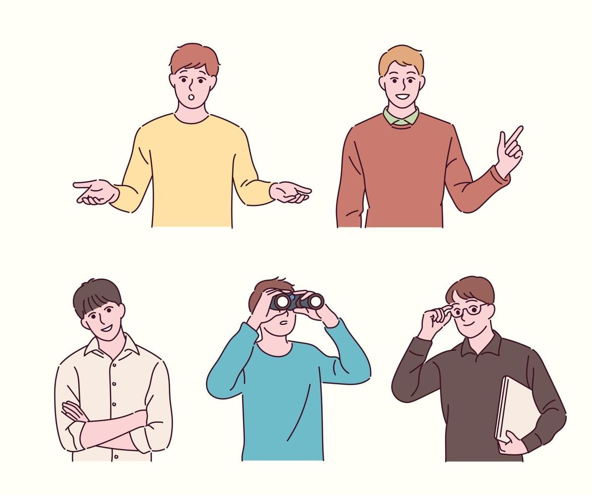 Boys of various gestures. hand drawn style vector design illustrations.