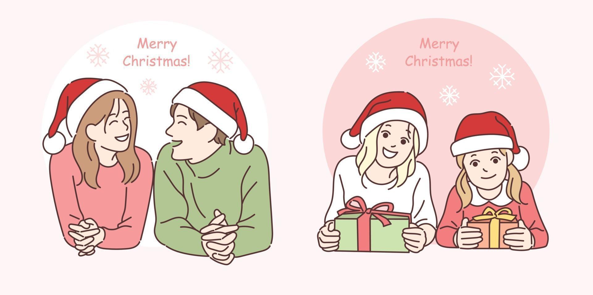 una pareja y hermanas con gorros de santa. ilustraciones de diseño de vectores de estilo dibujado a mano.