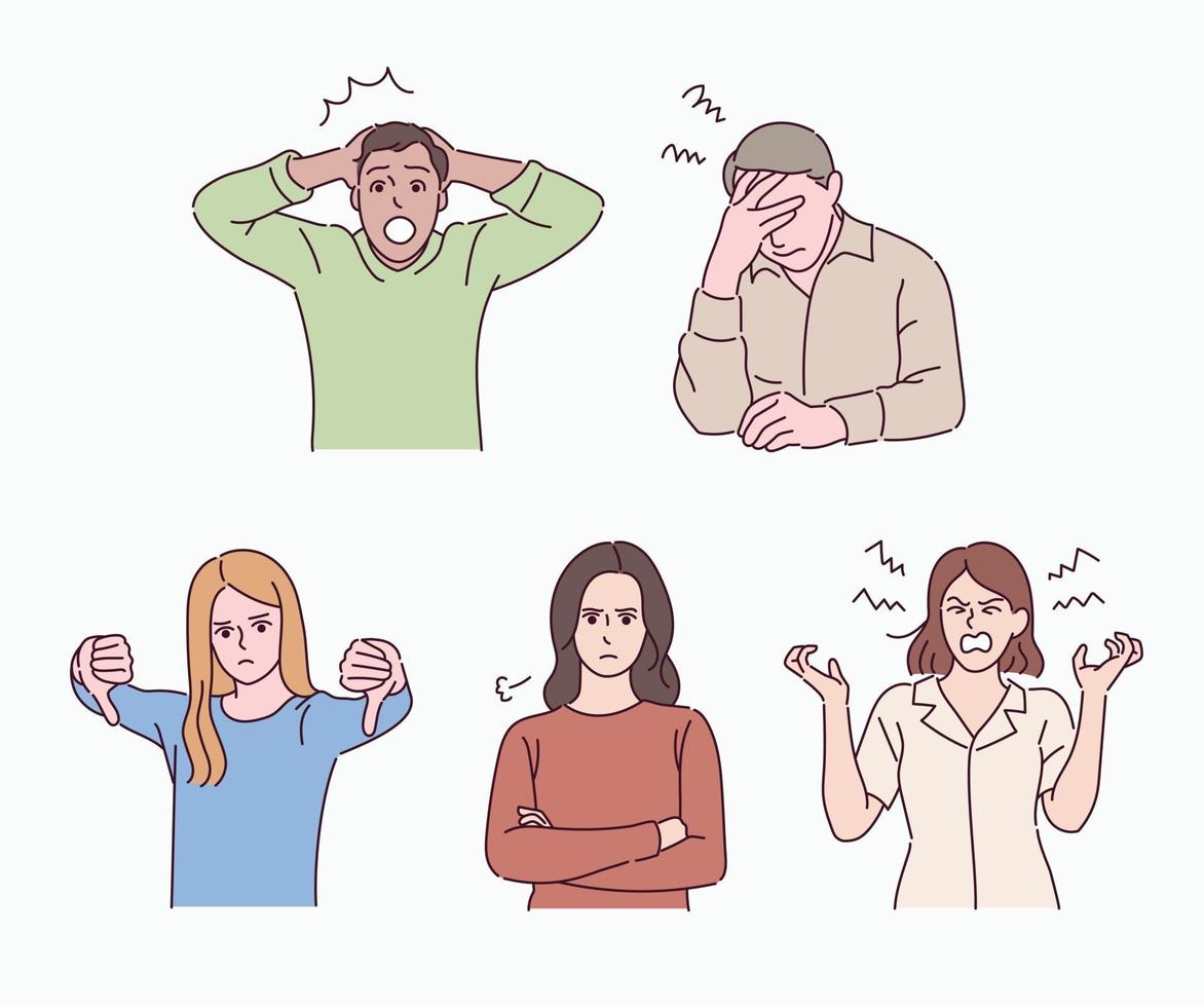 personas que expresan diversas emociones negativas. personas de diversos gestos. ilustraciones de diseño de vectores de estilo dibujado a mano.
