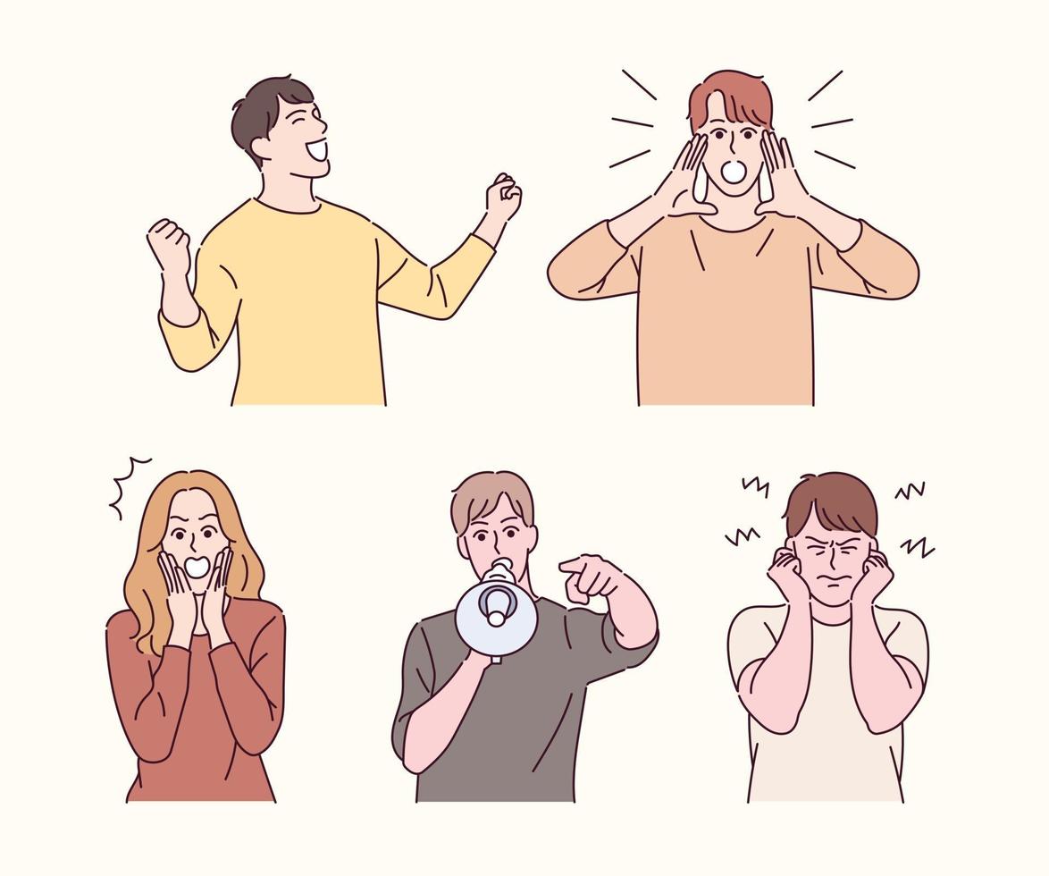 People of various gestures. People who scream and people who are noisy. hand drawn style vector design illustrations.