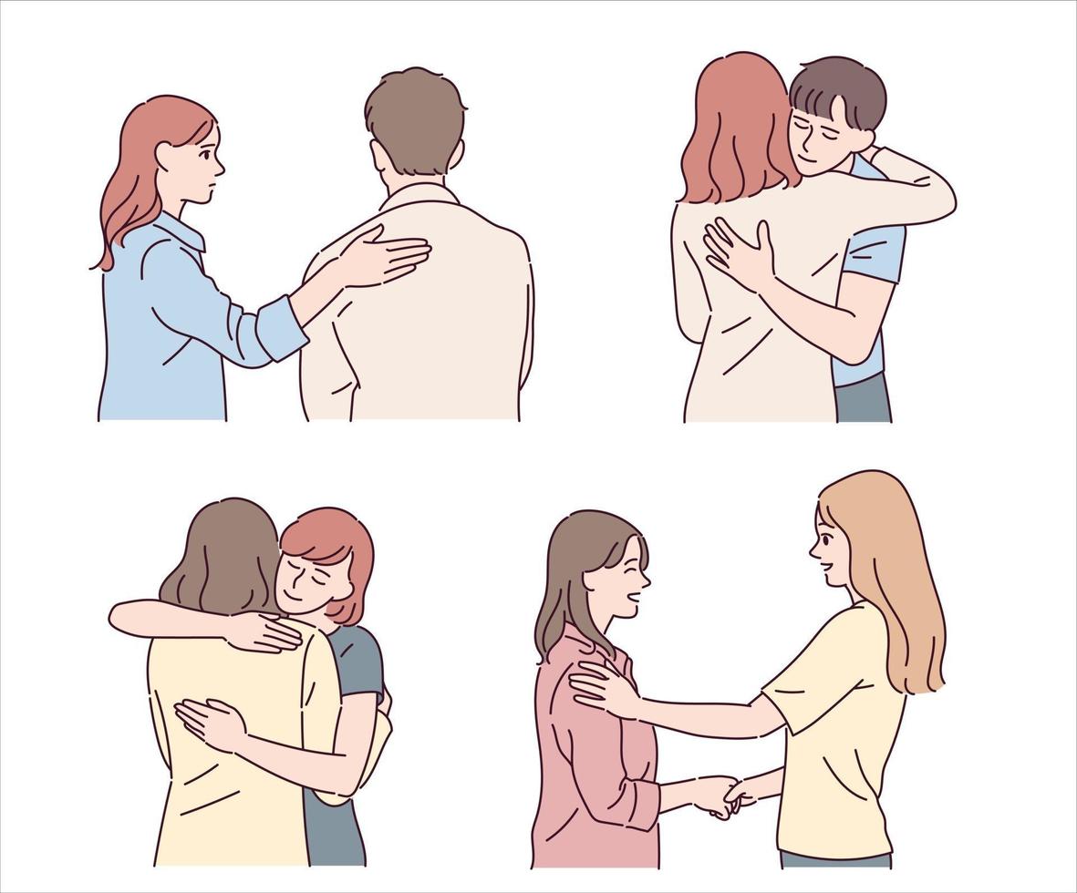 People who hug and comfort a friend in grief. hand drawn style vector design illustrations.