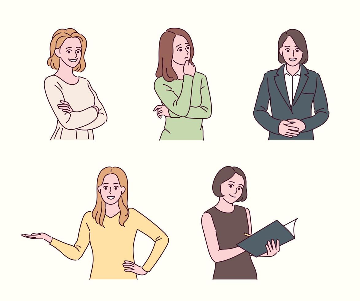 Women of various gestures. hand drawn style vector design illustrations.