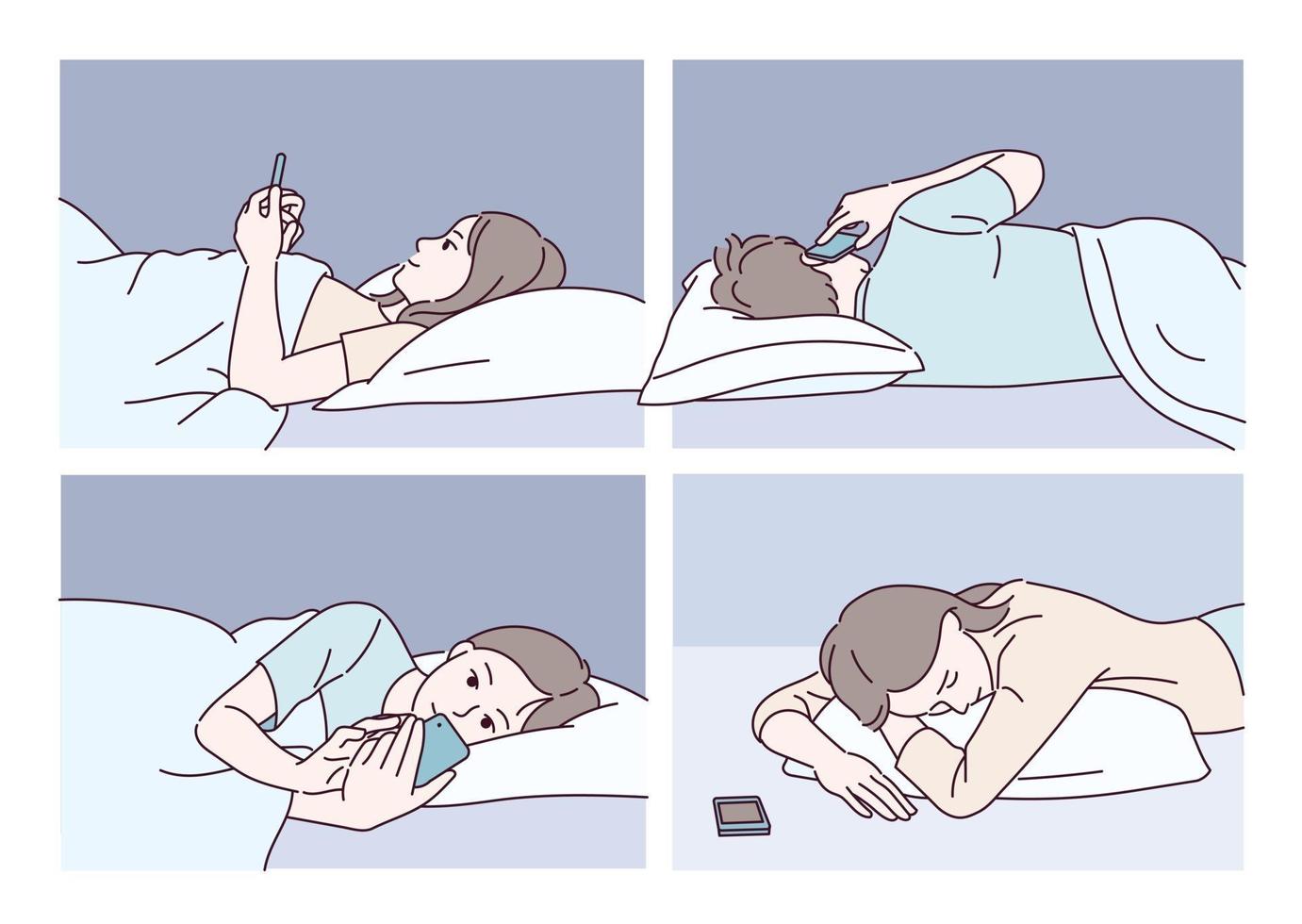 personas acostadas en la cama y mirando teléfonos móviles. ilustraciones de diseño de vectores de estilo dibujado a mano.