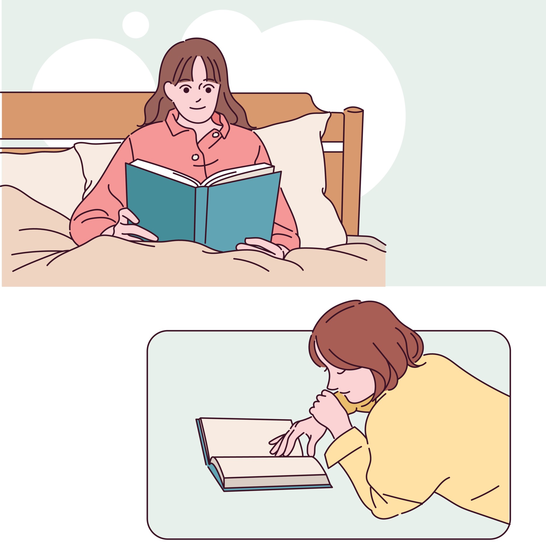 People reading books in a comfortable position. hand drawn style vector design illustrations