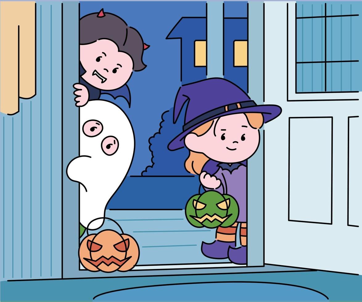 niños disfrazados de halloween están parados afuera de la puerta y mirando dentro de la casa. ilustraciones de diseño de vectores de estilo dibujado a mano.