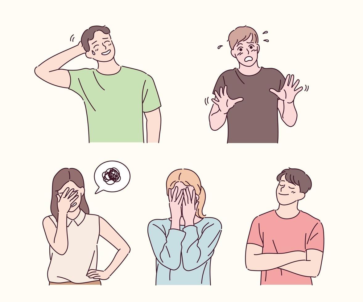 People with embarrassing expressions. hand drawn style vector design illustrations.