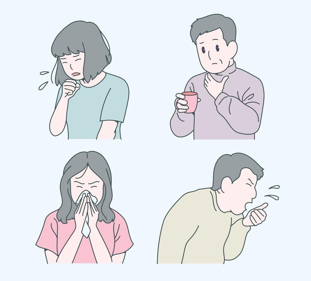 People with colds are coughing and sneezing. hand drawn style vector design illustrations.