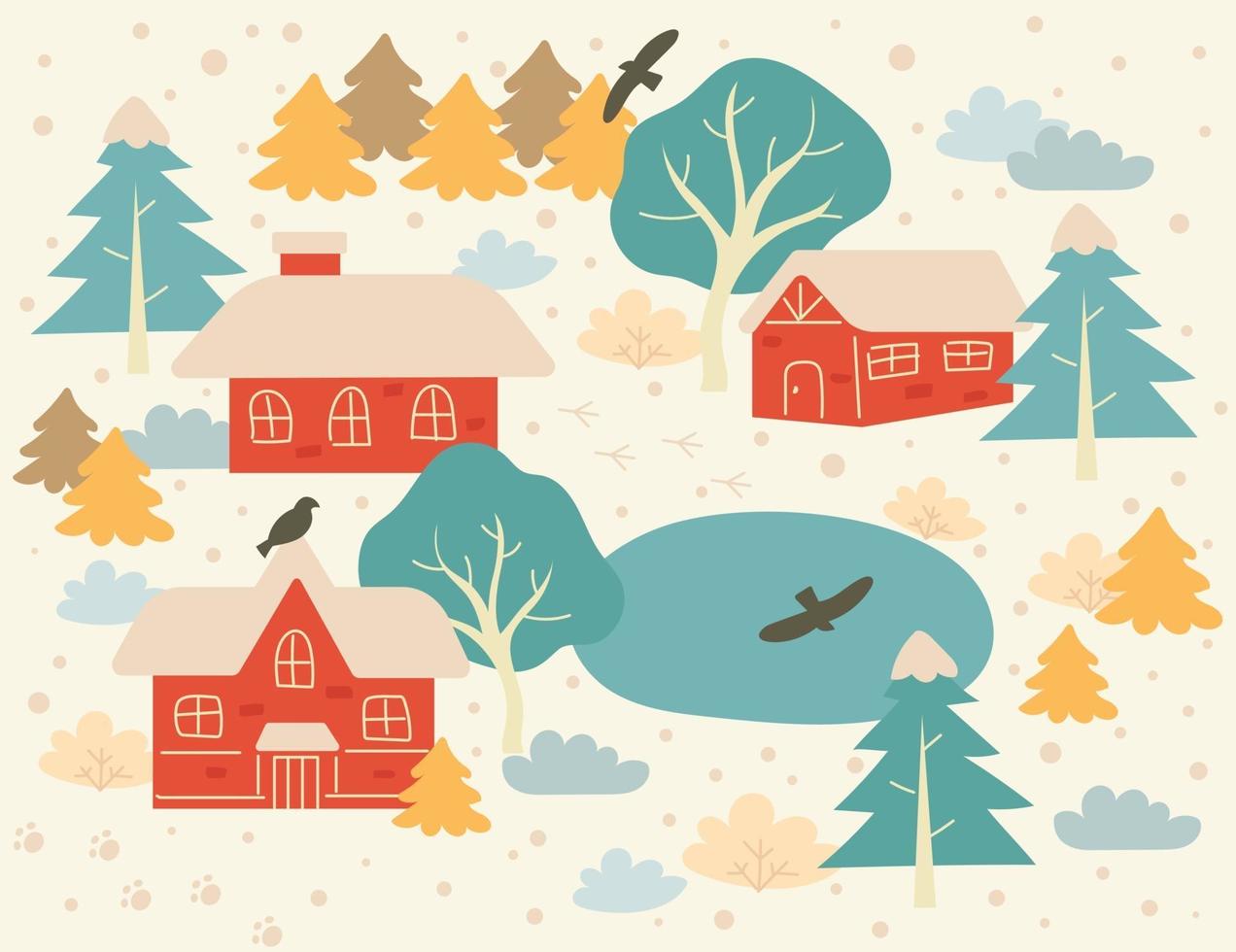 el paisaje del pueblo en un día de nieve. ilustraciones de diseño de vectores de estilo dibujado a mano.