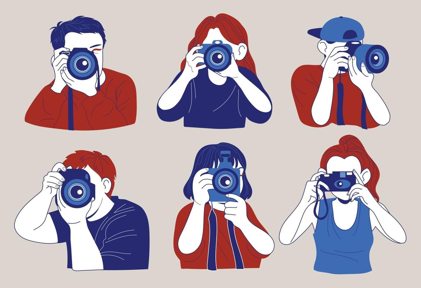 People holding cameras and taking pictures. hand drawn style vector design illustrations.