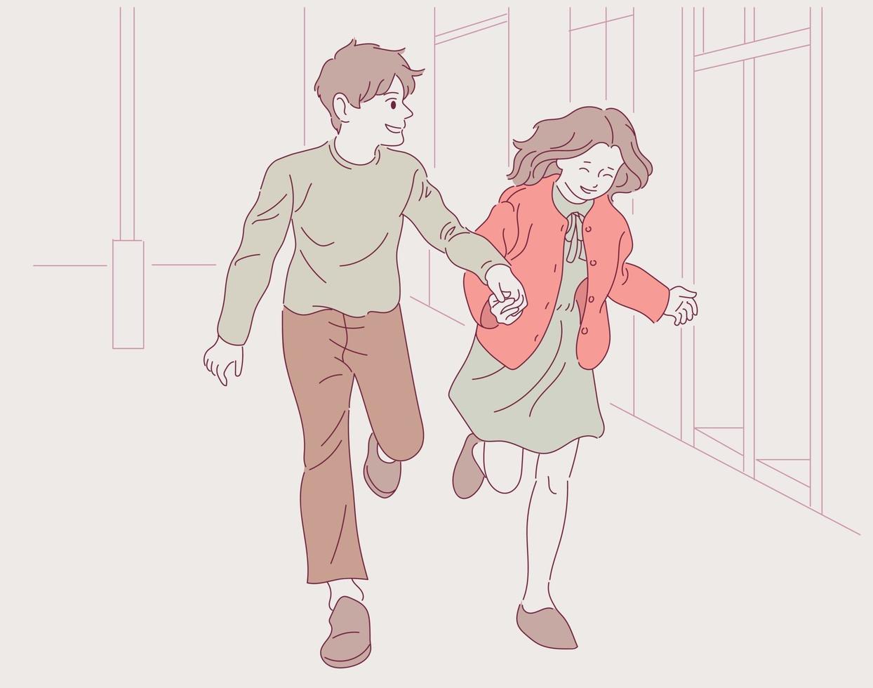 A cute couple is running holding hands. hand drawn style vector design illustrations.