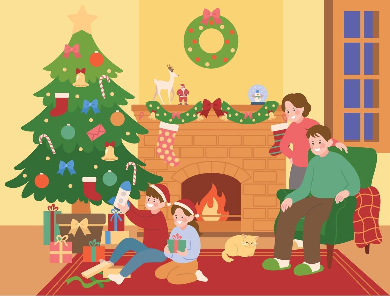 Christmas families are sitting in front of the fireplace and children unpacking presents. hand drawn style vector design illustrations.