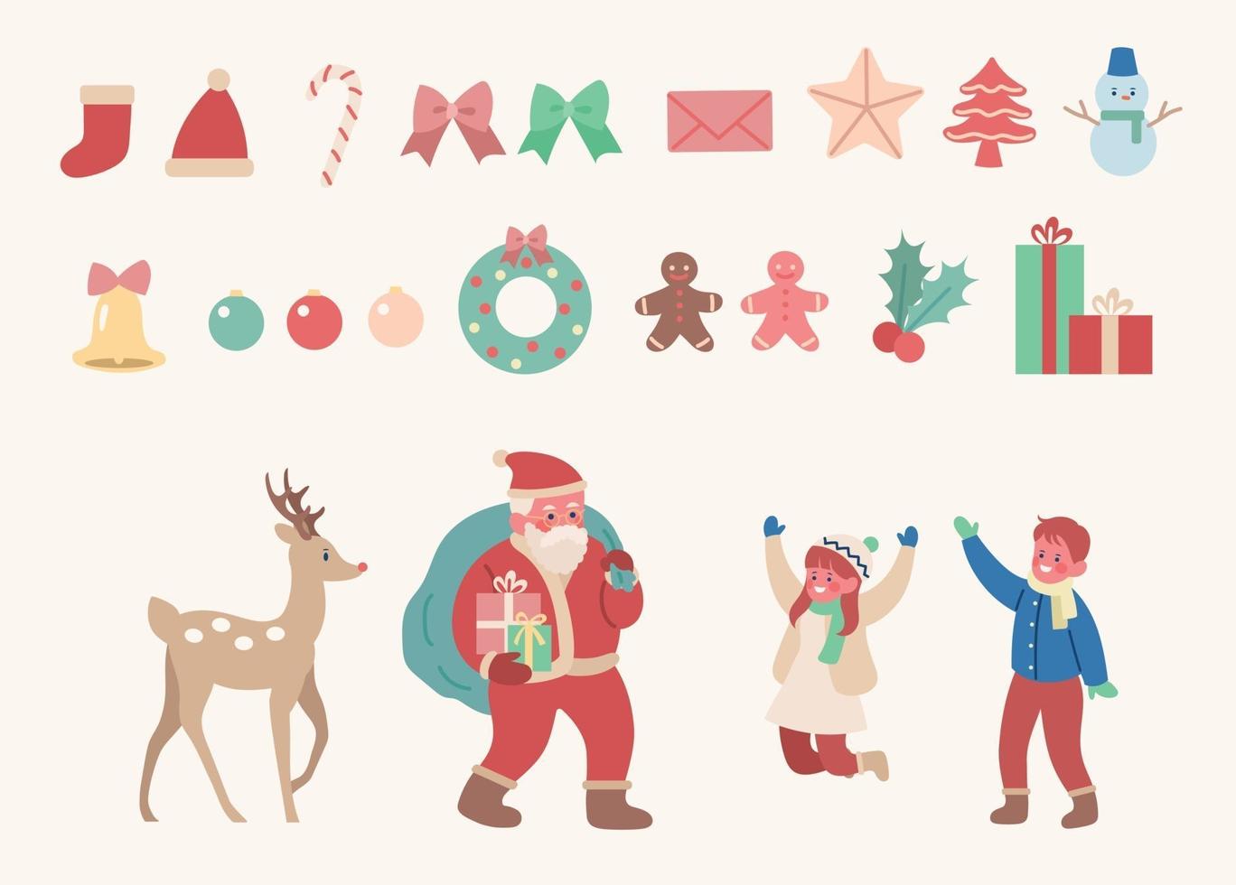 Set of Christmas ornaments with Santa and reindeer and kids. hand drawn style vector design illustrations.