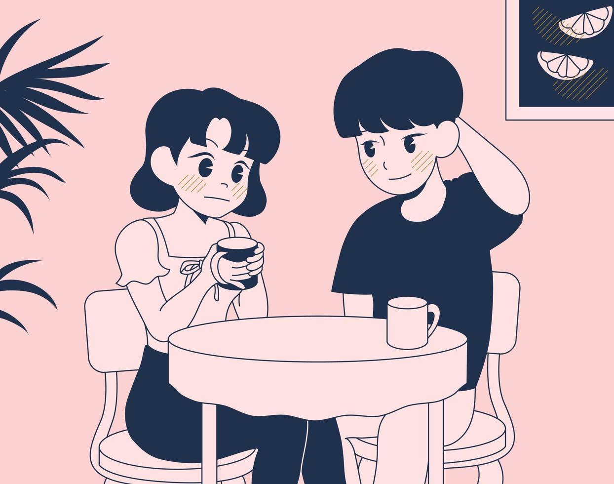 un par de hombres y mujeres se sientan en un café con expresiones tímidas. ilustraciones de diseño de vectores de estilo dibujado a mano.