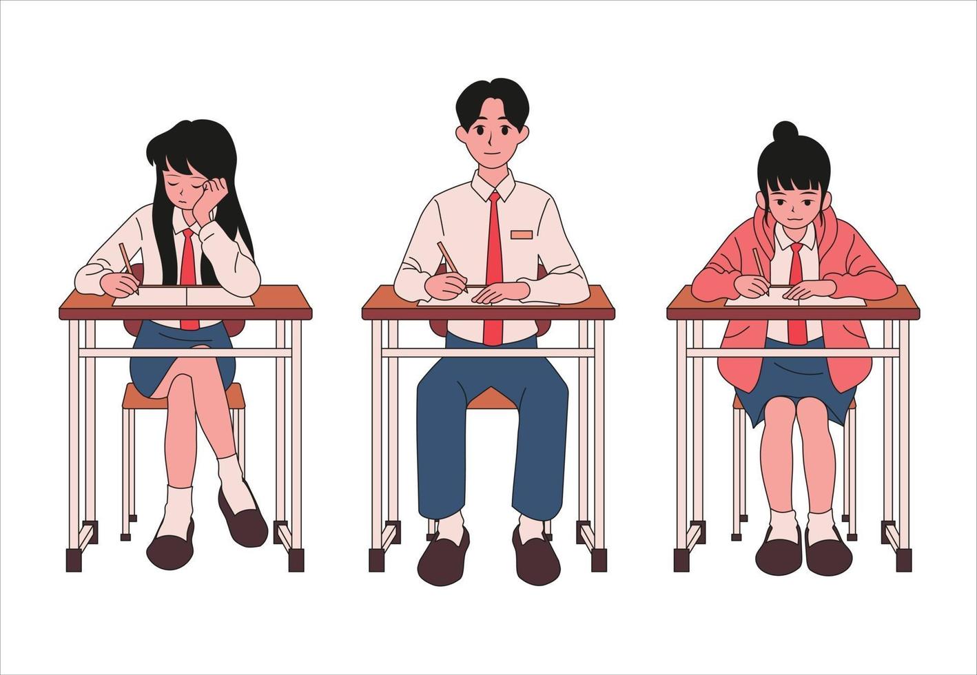 Students are sitting at their desks and taking classes. hand drawn style vector design illustrations.