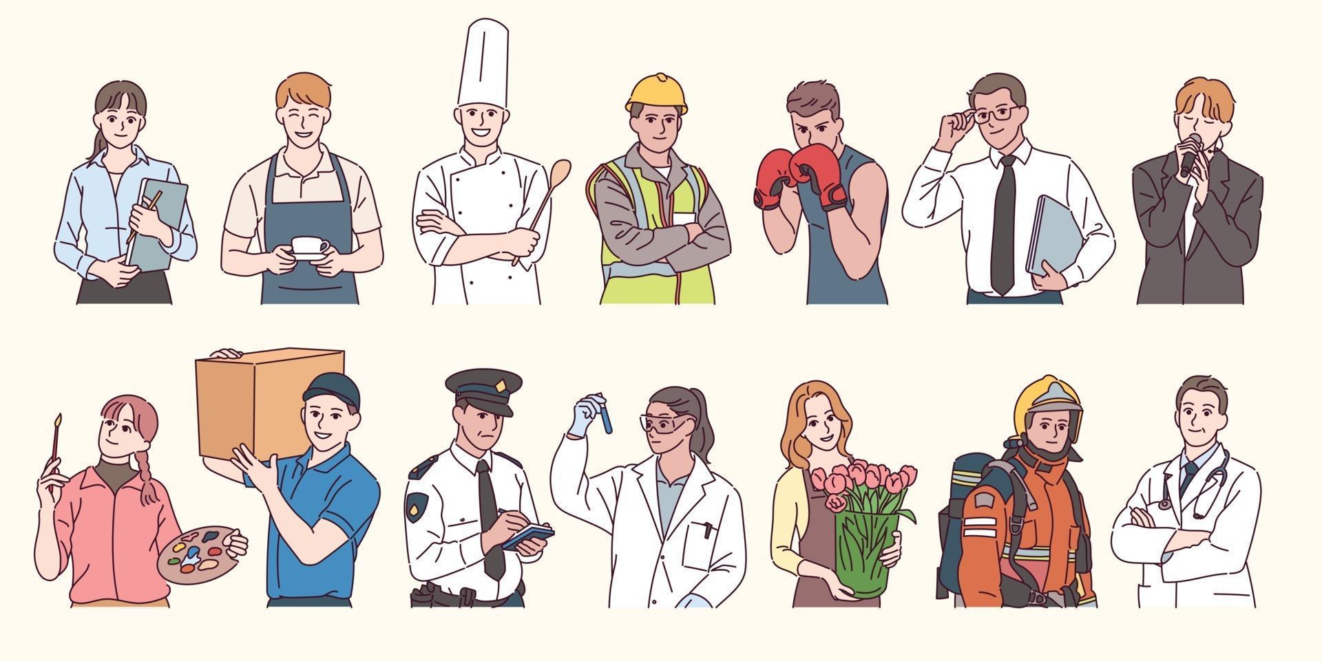 Characters in uniforms by profession. hand drawn style vector design illustrations.