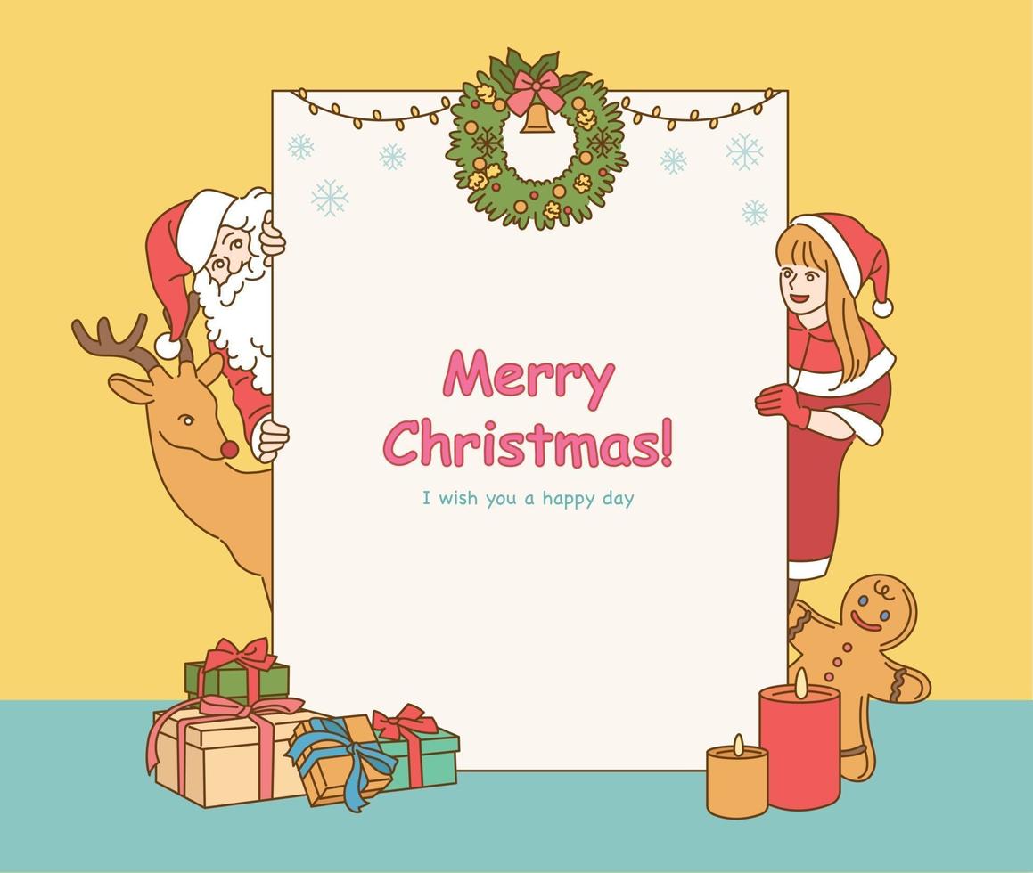 detrás de la tarjeta de navidad hay santa, una niña y un reno señalando sus cabezas. ilustraciones de diseño de vectores de estilo dibujado a mano.