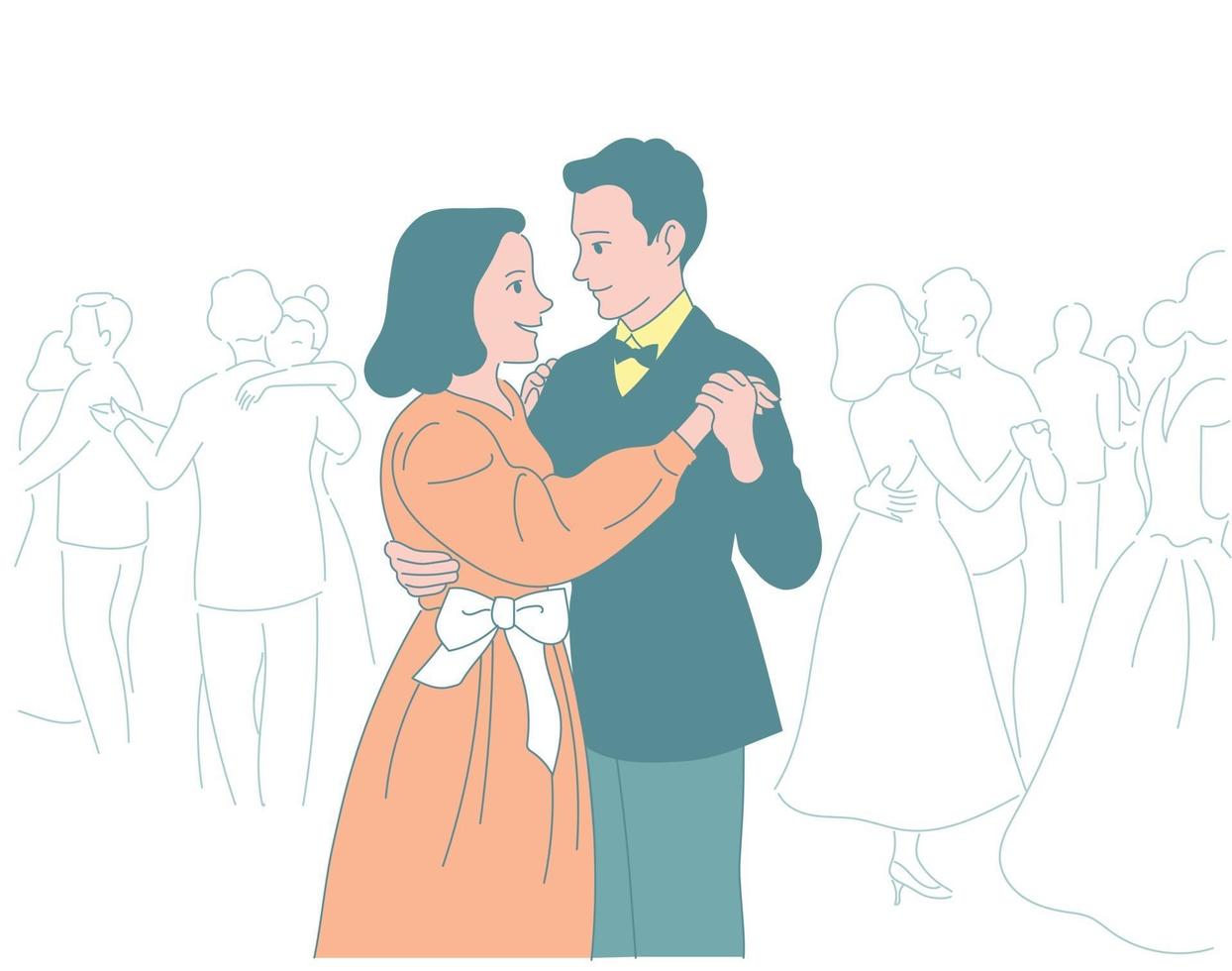 parejas con vestidos y trajes bailan en la fiesta. ilustraciones de diseño de vectores de estilo dibujado a mano.