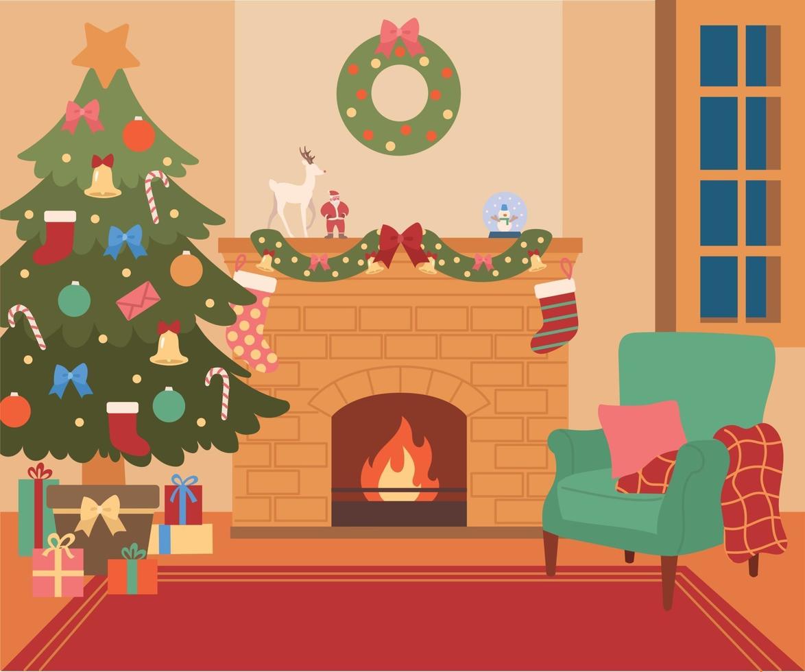 Fondo de casa con árbol de navidad y chimenea. ilustraciones de diseño de vectores de estilo dibujado a mano.