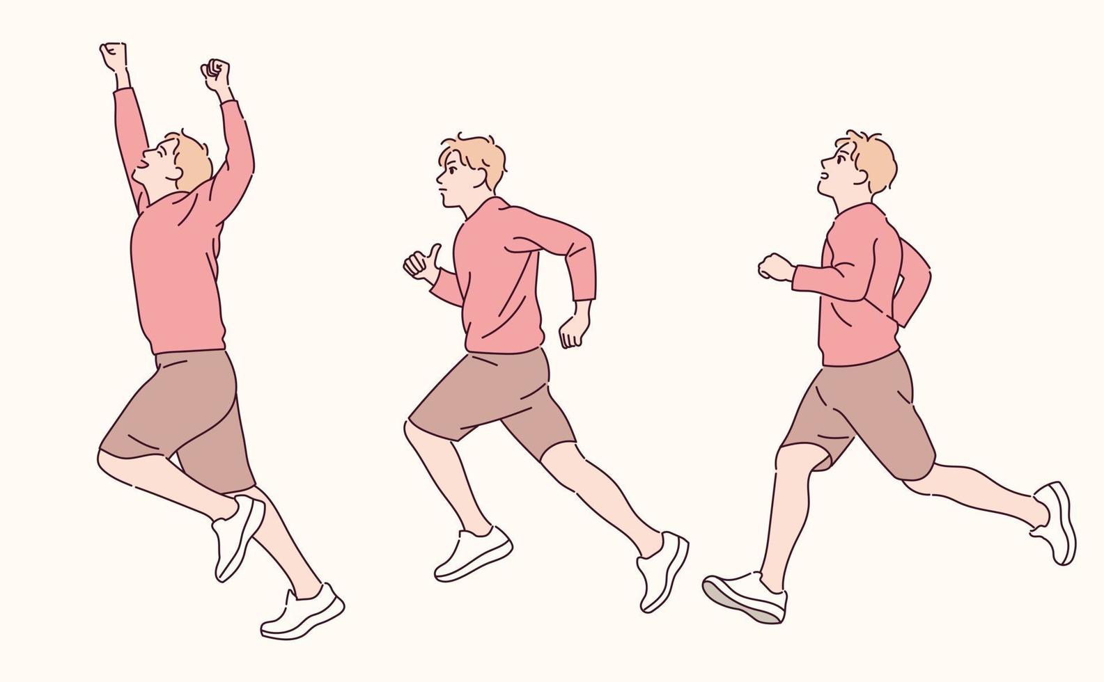 Poses de tres pasos para hombres que corren. ilustraciones de diseño de vectores de estilo dibujado a mano.