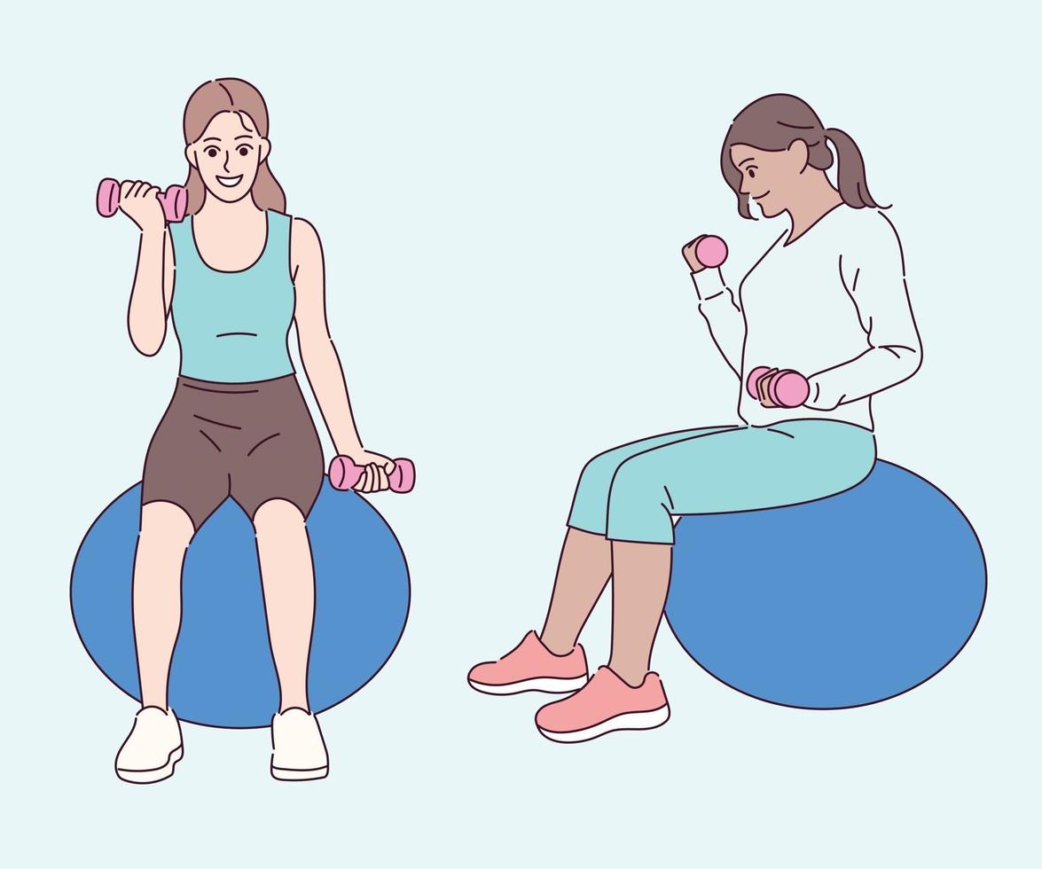 Women are exercising sitting on gym balls with small dumbbells in their hands. hand drawn style vector design illustrations.