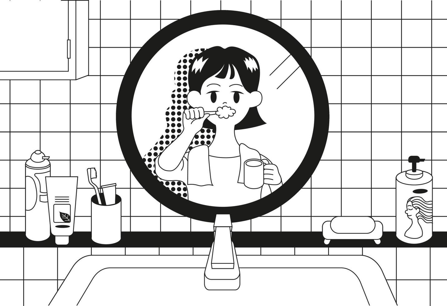 una niña se mira en el espejo del baño y se cepilla los dientes. ilustraciones de diseño de vectores de estilo dibujado a mano.