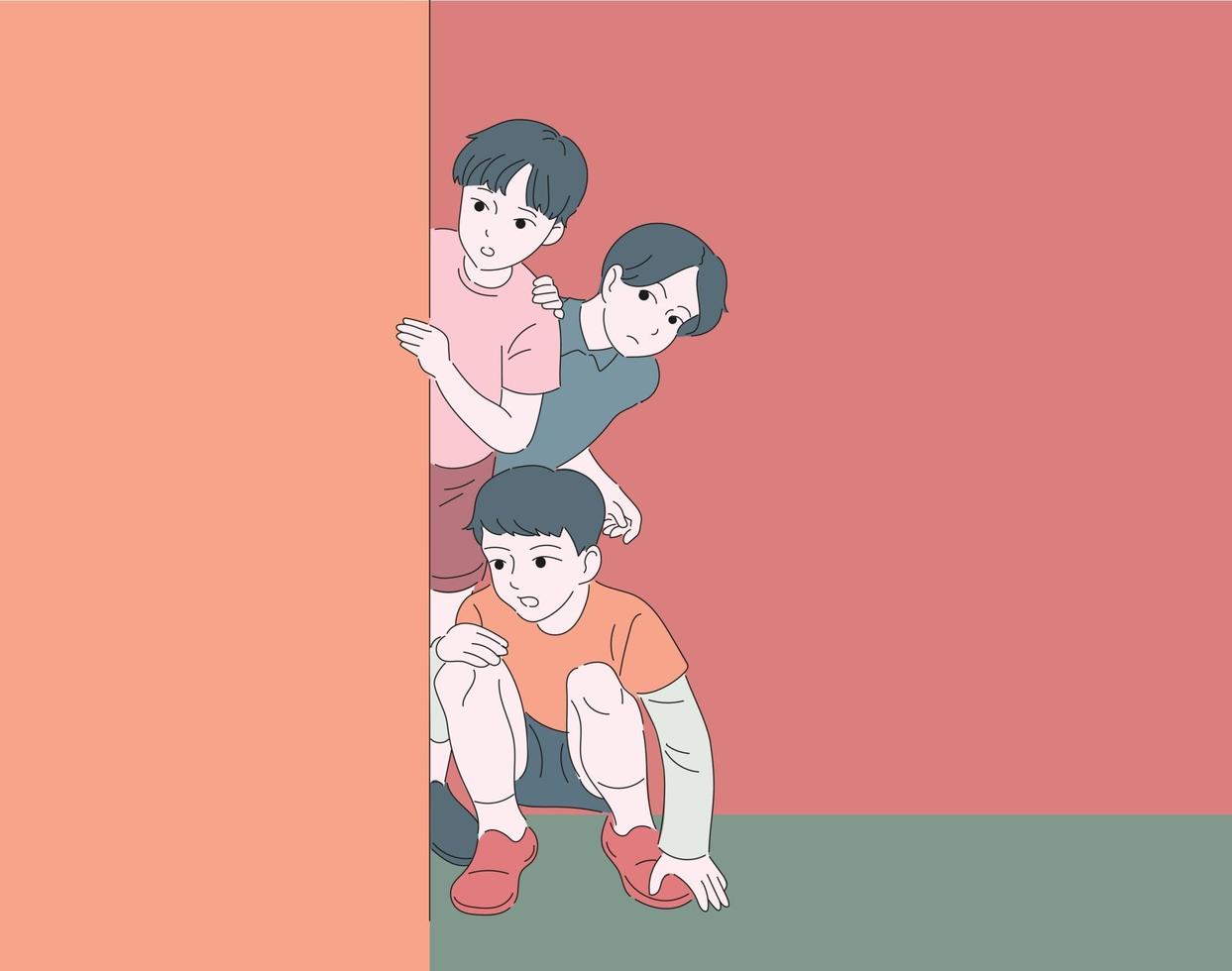 Three children are hiding behind the alley and watching. hand drawn style vector design illustrations.