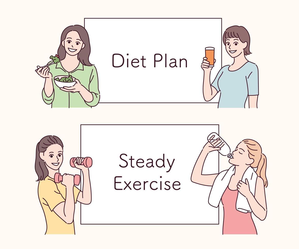 Women characters making a diet plan. hand drawn style vector design illustrations.