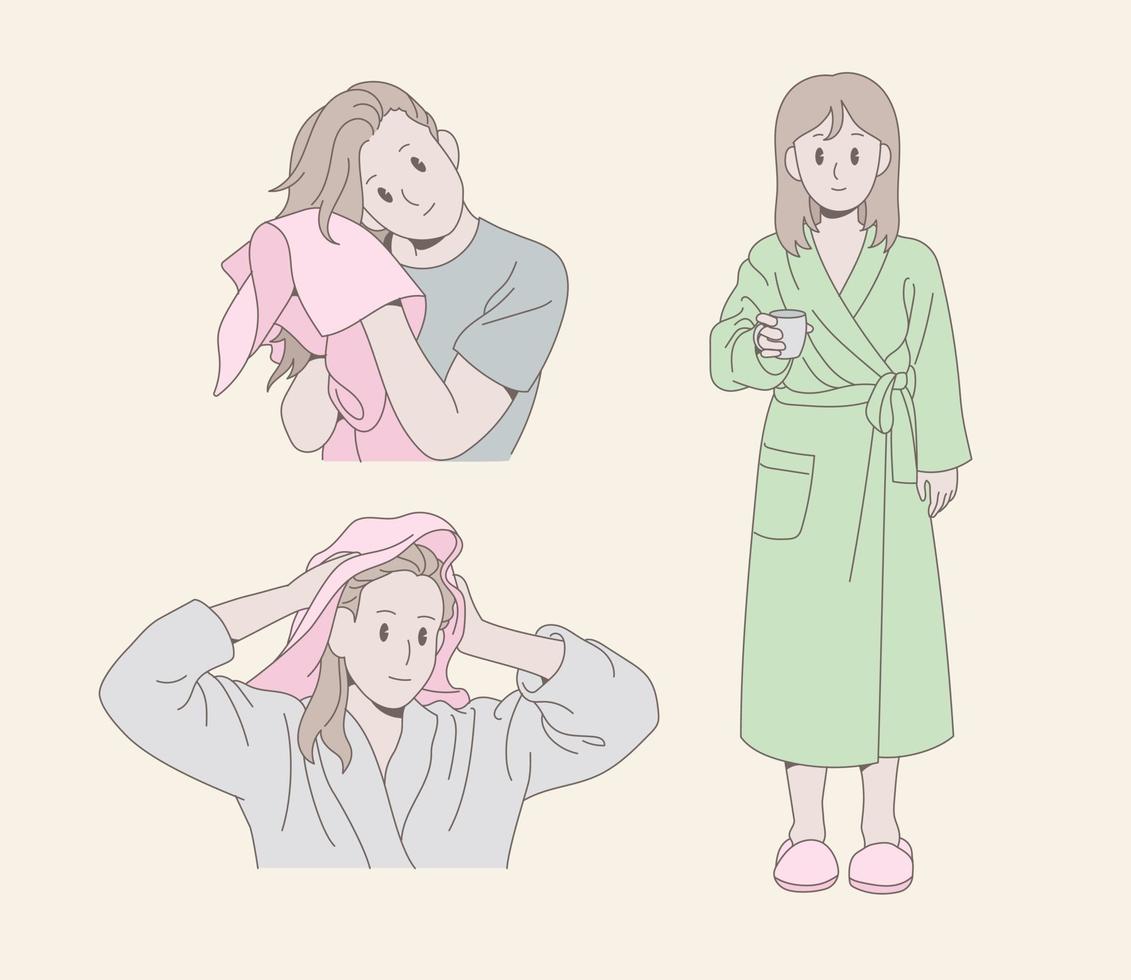 A girl is drying her hair with a towel. A girl is wearing a shower gown. hand drawn style vector design illustrations.