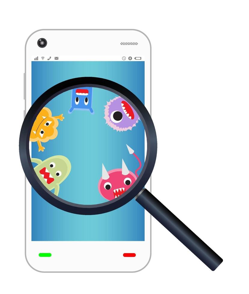 magnify glass found virus on smartphone vector