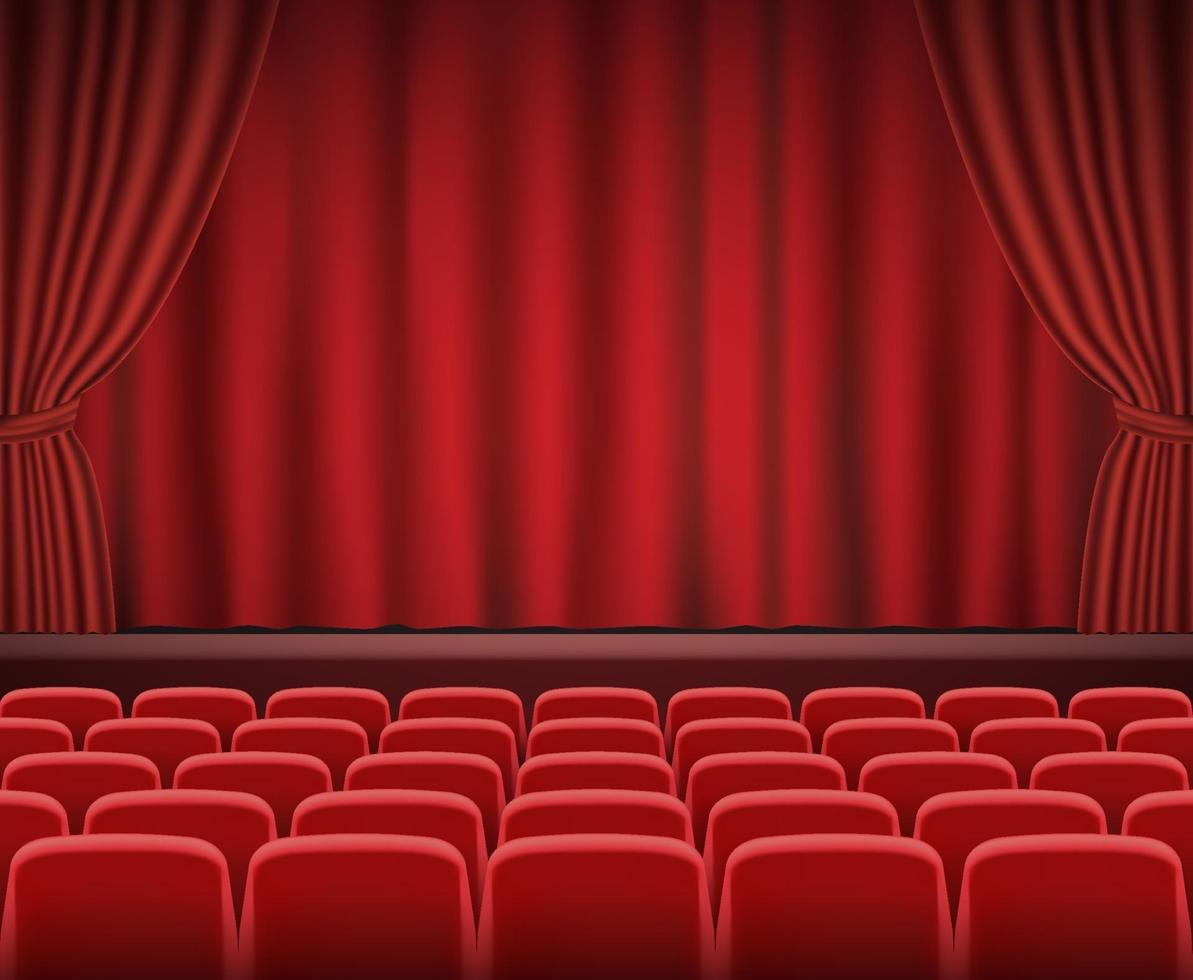 Rows of red cinema or theater seats in front of show stage vector