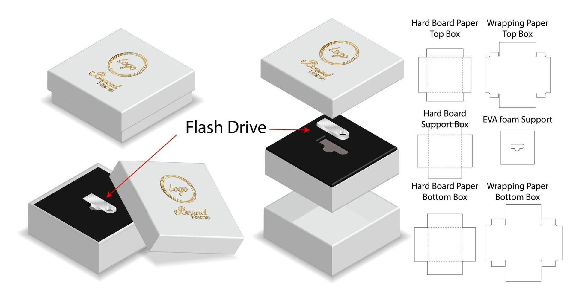 caja rígida para maqueta troquelada de embalaje de unidad flash vector