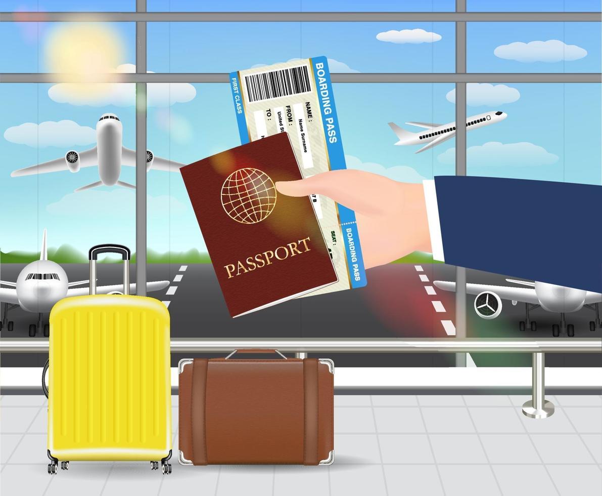 hand holds passport and boarding pass in airport vector