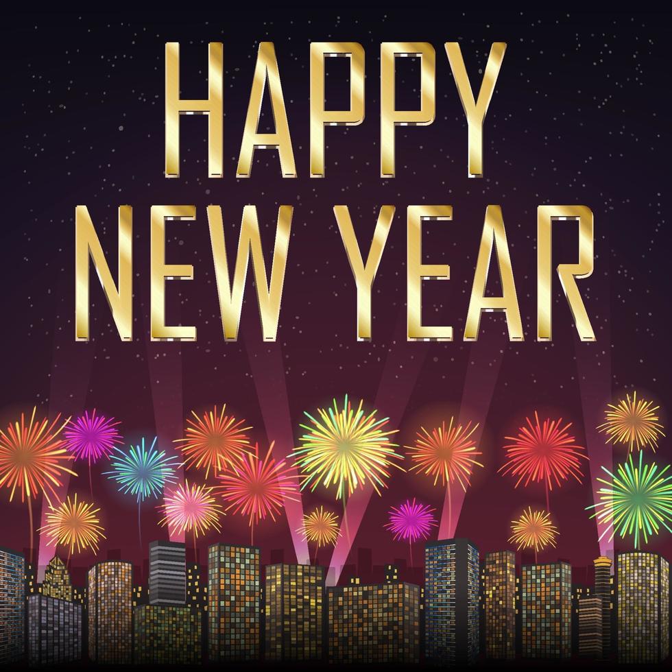 Happy new year with fireworks on city background vector