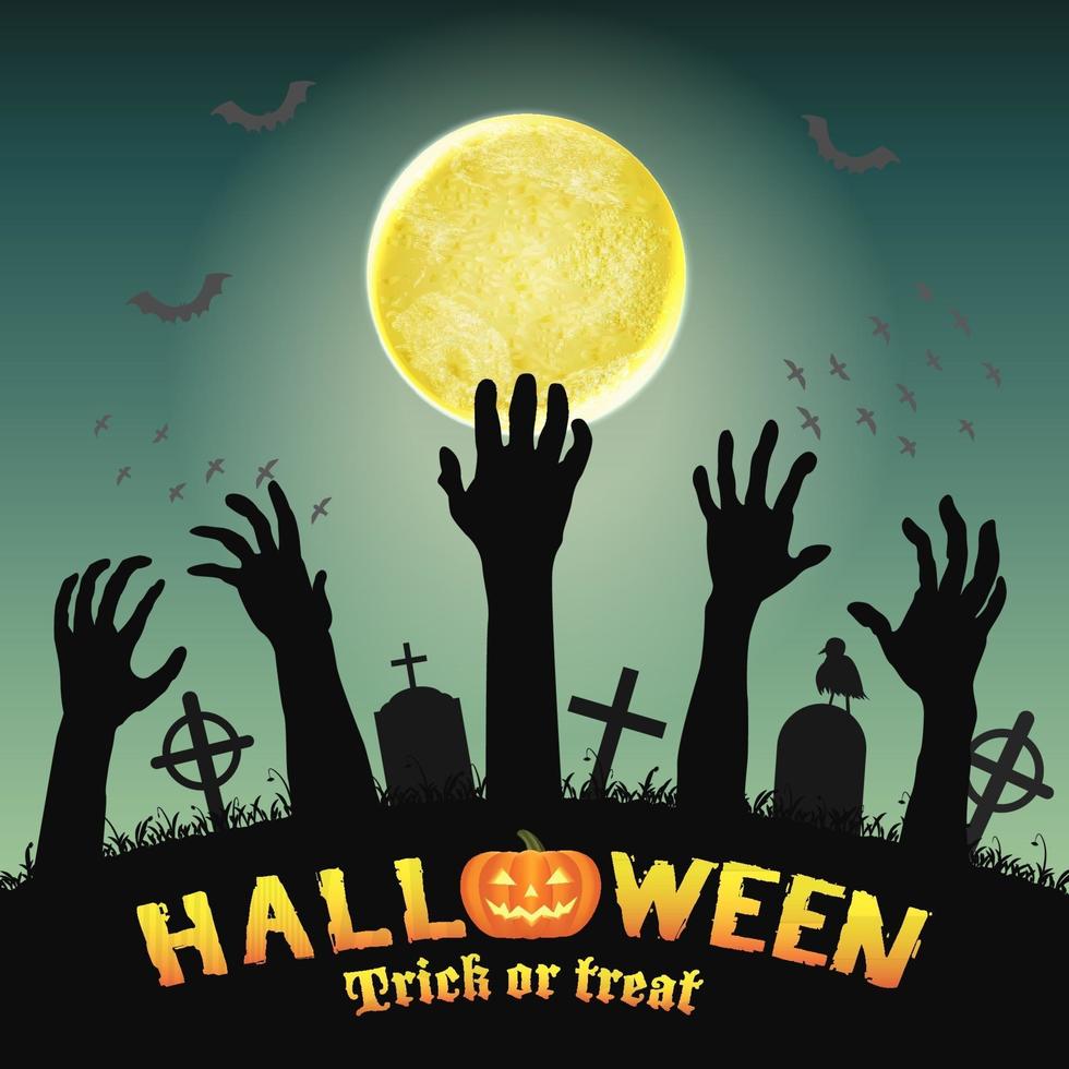 halloween silhouette zombie hands in night graveyard vector