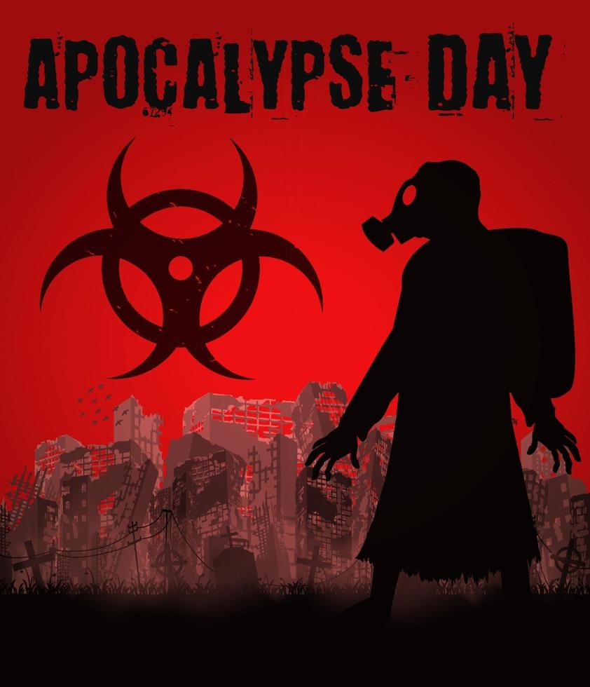 Apocalypse day with gas mask man in ruined city vector