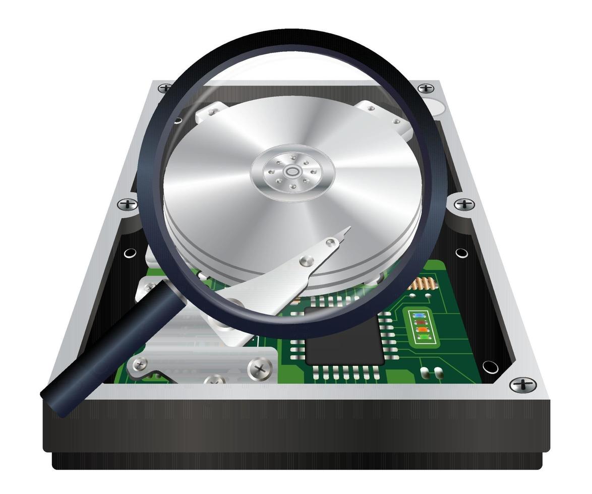 inside of internal harddisk with a magnifying glass scanning vector