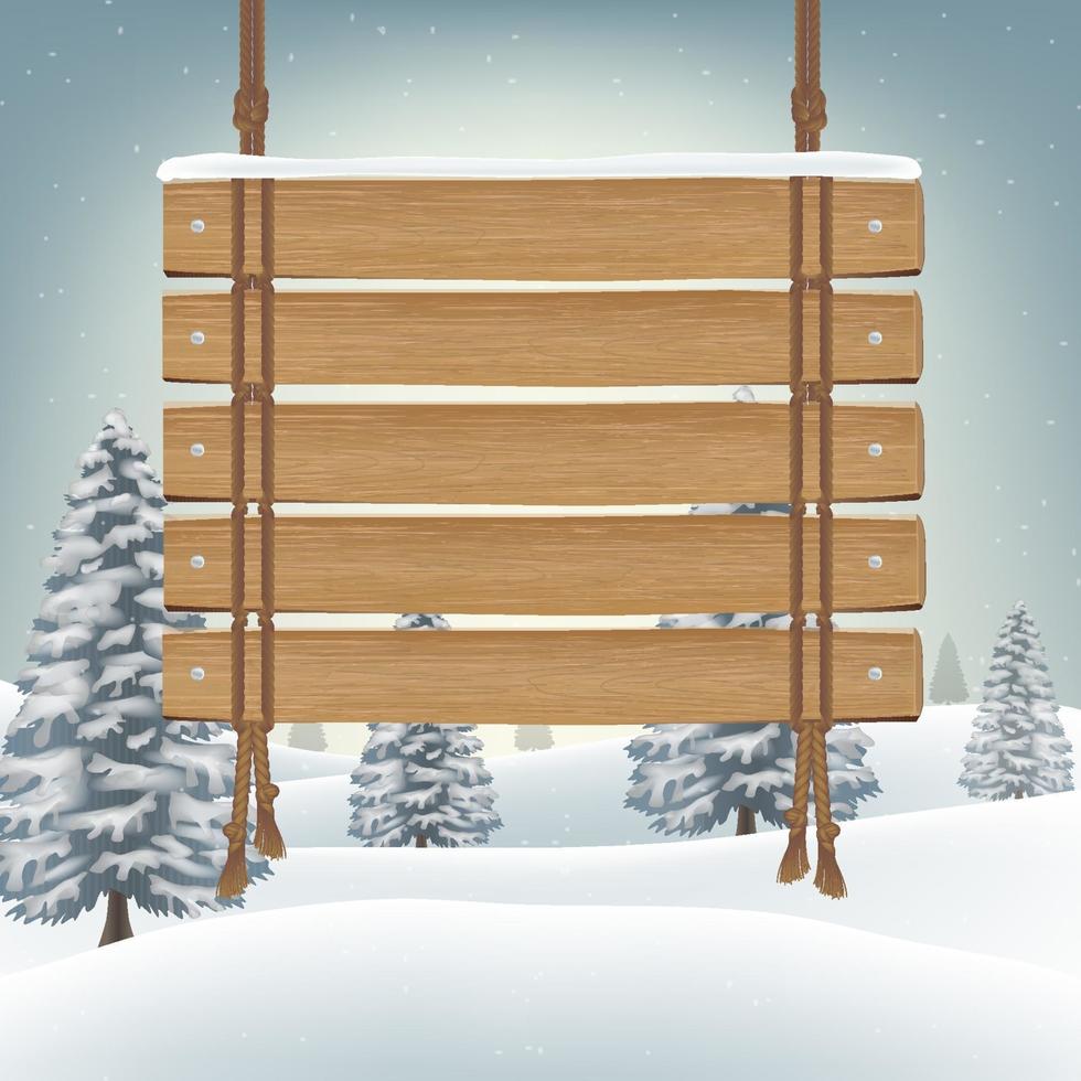 Colgar tablero de madera con fondo de invierno de nieve vector