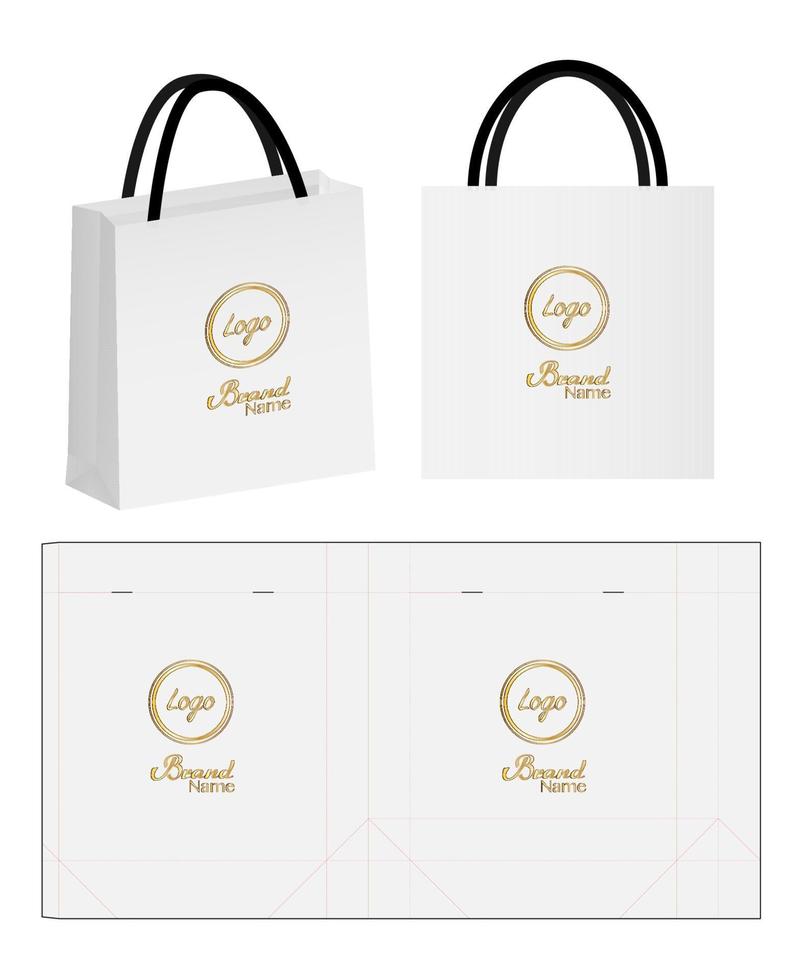 paper bag packaging die-cut and 3d bag mockup vector