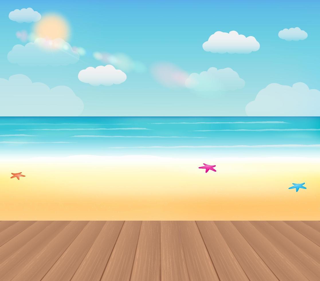 bright sea beach with a real wood boardwalk vector