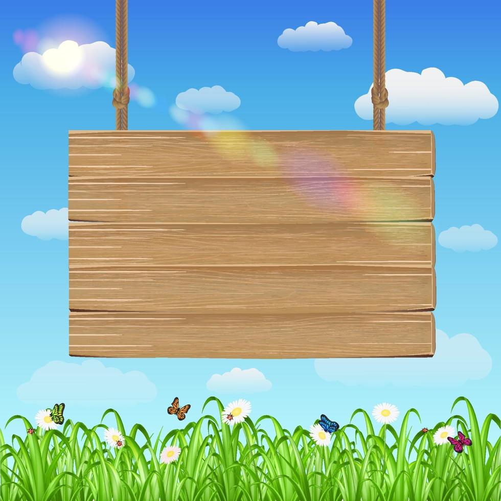 hang wood board sign with grass and sky background vector