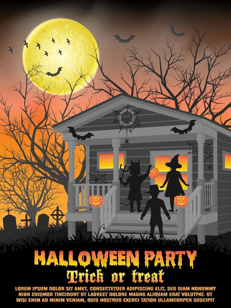 halloween kids costume party in front of house for trick or treat poster vector